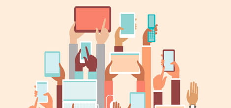 Illustration of hands holding mobile devices